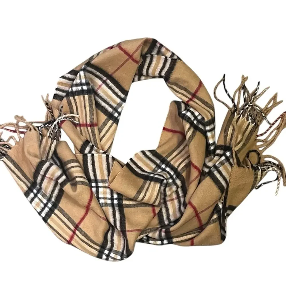V Fraas Cashmink Classic Plaid Scarf With Fringe Tan Black Soft Fuzzy Cozy Warm